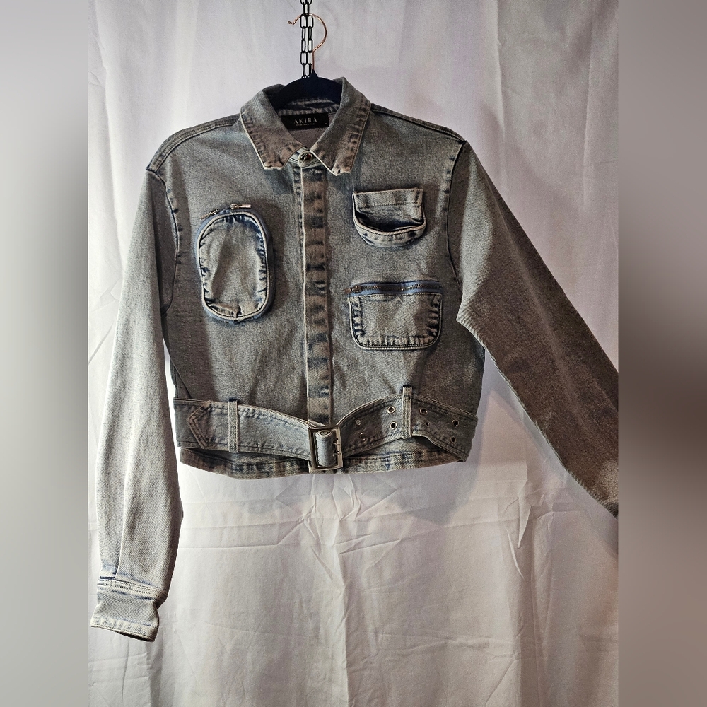 AKIRA Distressed Gray Denim Jacket